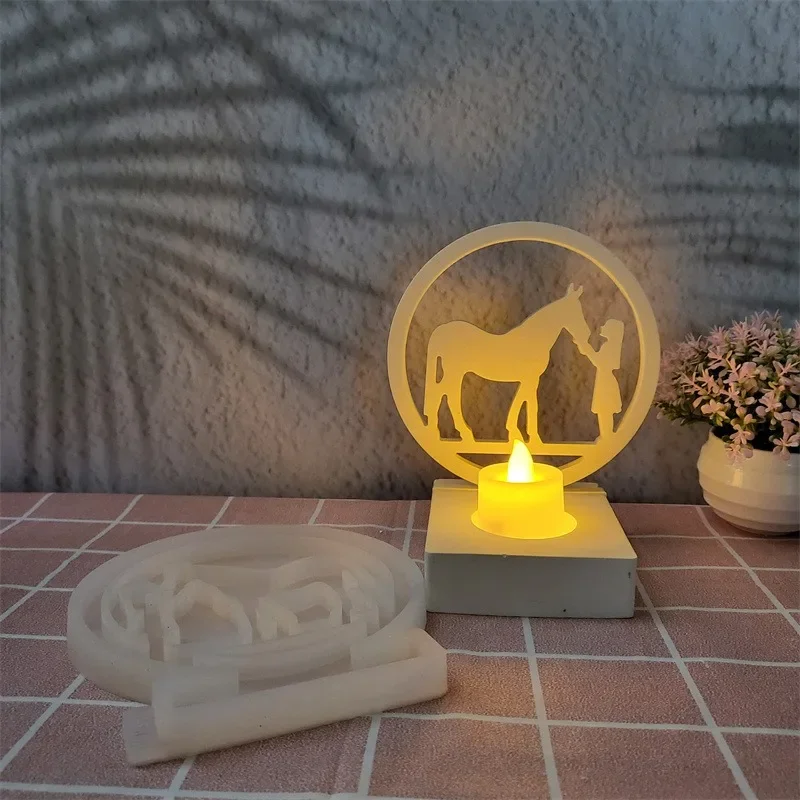 Girl in the Circle Feeding Horse Insert Candle Base Silicone Mold DIY Decoration Gypsum Resin Epoxy Mold Home Decoration Storage