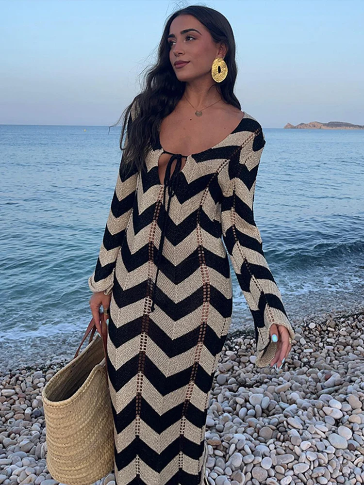 Casual Knitted Striped Lace Up Women Maxi Dress V-neck Hollow Out Bodycon Female Long Dresses 2024 Summer New Fashion Lady Robe