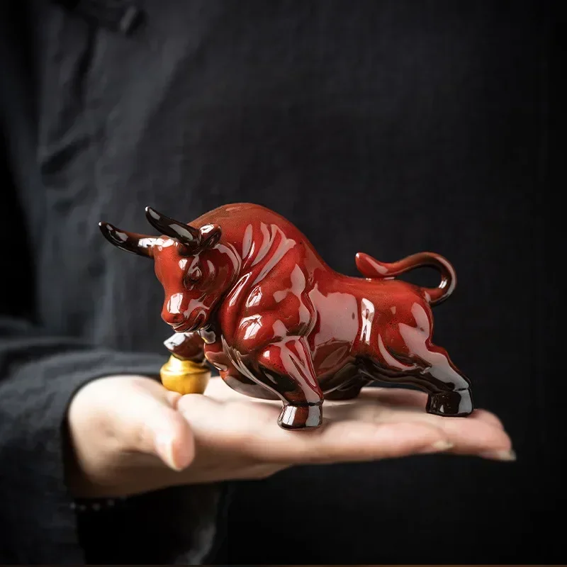 Lucky Mascot Red Cow Ceramic Small Ornament Office Living Room Bedroom Desktop Dining Table Creative Home Decoration Crafts