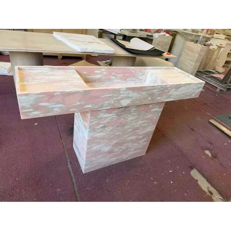 Natural Norwegian Red Marble Single Bowl Pedestal Wash Basin Freestanding Pink Stone Bathroom Sink for Hotel Villa Project