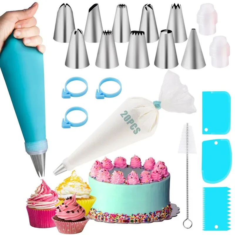 Cake Decorating Baking Gear Set - Silicone Piping Bags, Disposable Icing Bags, Stainless Steel Frosting Tips, Couplers, Cake Scrapers, Cleaning Brush for Camp Kitchen Bakery Use; Set Includes Tools