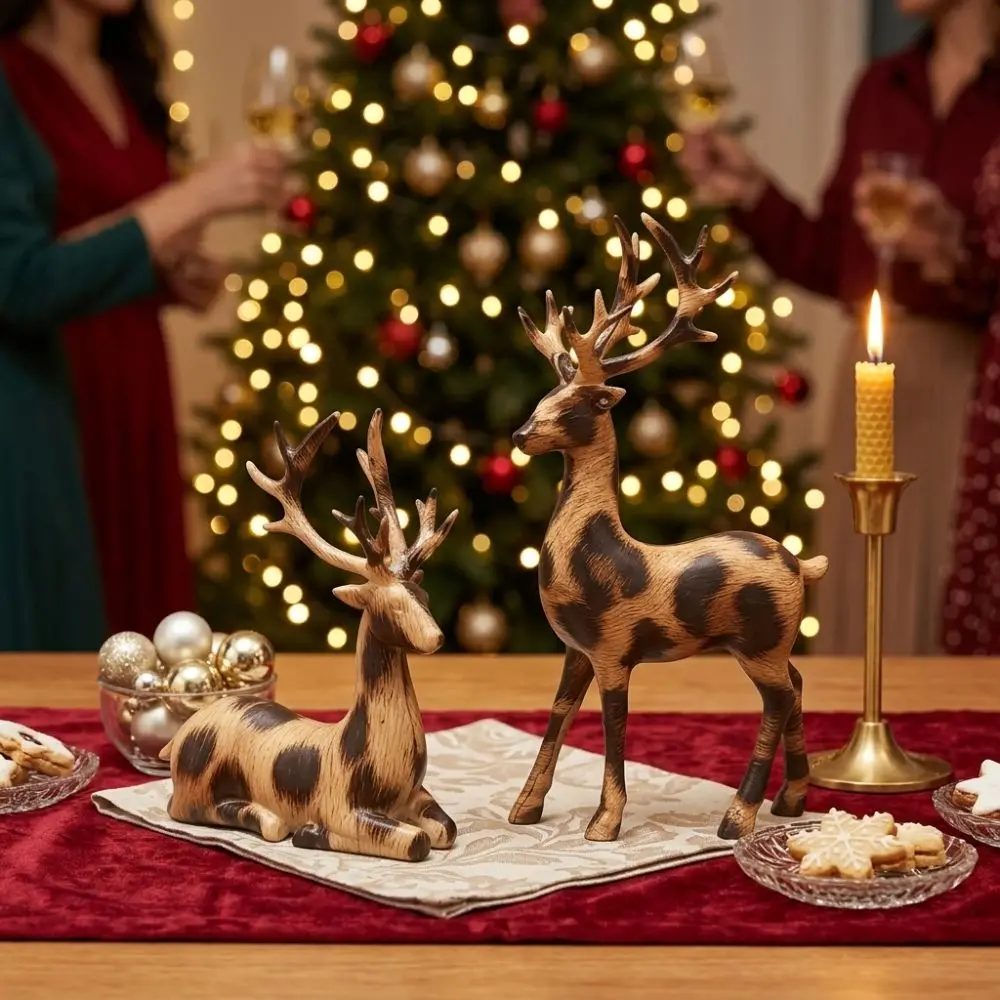 1 Pair Vintage Christmas Deer Figurine Sitting/Standing Position Plastic Small Deer Ornament Realistic 3D Crafts