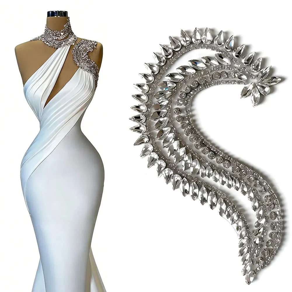 Luxurious rhinestone appliqués are suitable for decorating wedding dresses evening gowns ball gowns and other similar garments
