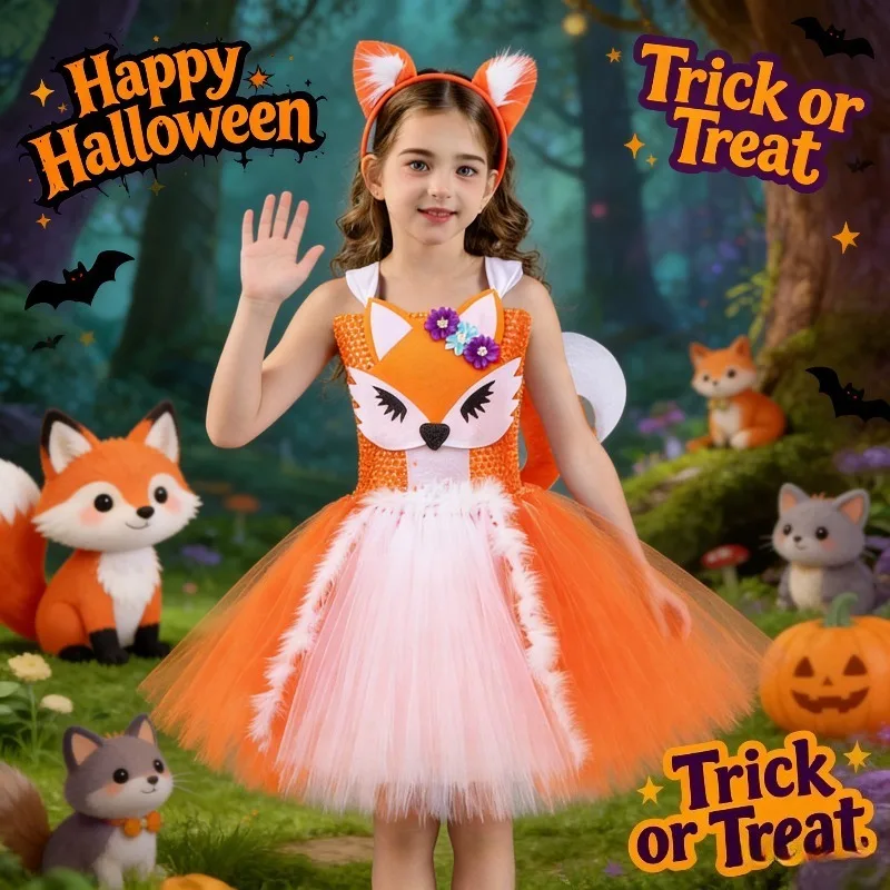 

Fox Cosplay Costume Set Orange Tutu Dress Halloween Party Fancy Dress Animal Outfit Carnival Festival Stage Performance Wear