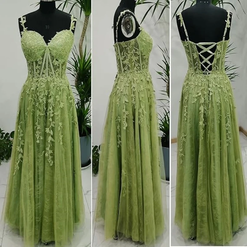 レースアップリケコルセットプロムドレスチュールロングボールガウン女性のためのフォーマルスパゲッティストラップスプリットウェディングドレス