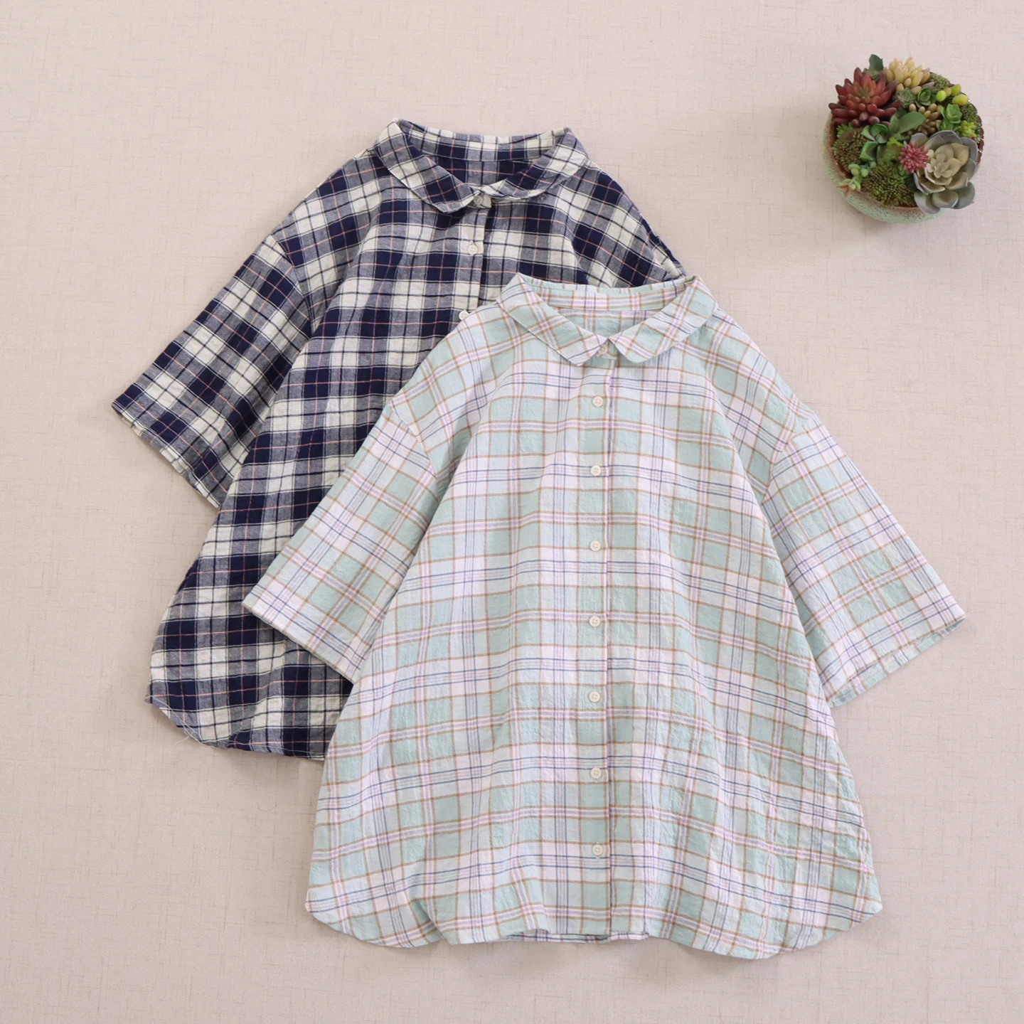 

Japanese Sweet Mori Girl Vintage Check Plaid Cotton Shirts Women Summer Turn Down Collar Short Sleeve Casual Loose Blouse Tops