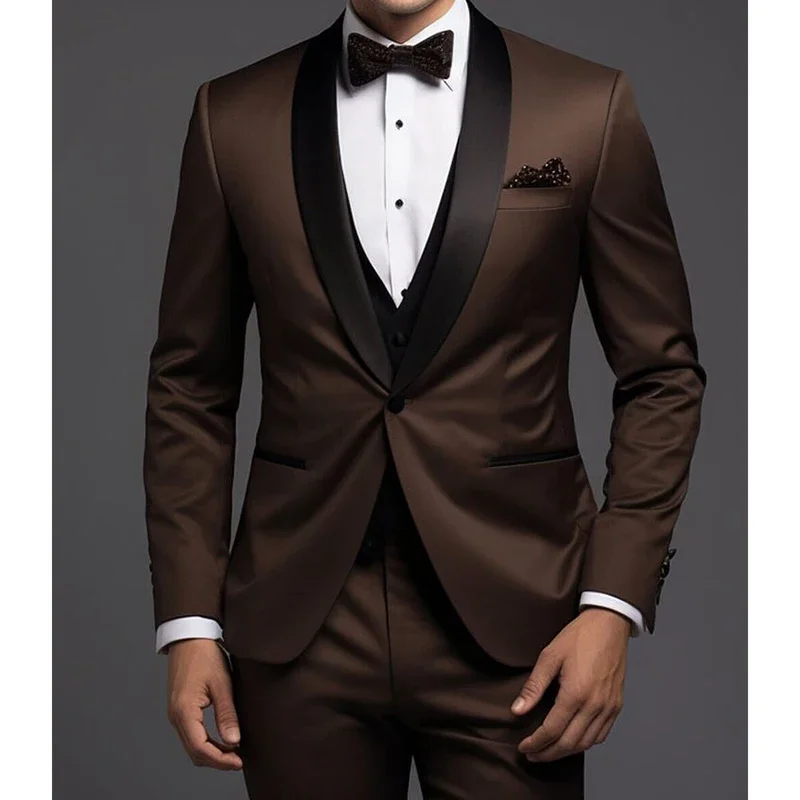 

High Quality Bespoke Brown Men's Suits One Button Shawl Lapel Slim Fit 2024 Wedding Prom 3 Piece Jacket Pants Vest Male Clothing