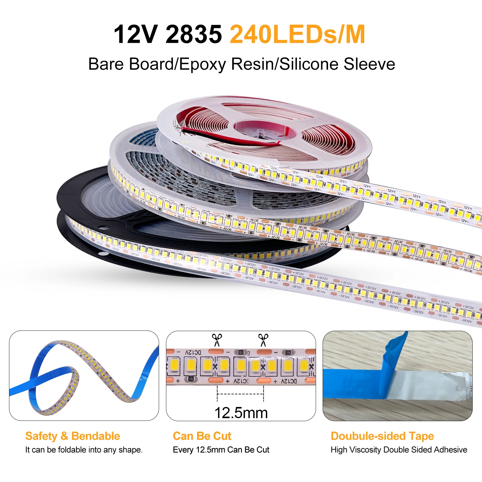 Tira de Luces LED Flexible para el hogar, cinta de diodo de 5M, 1200LED, 2835 Led, 12V, 24V, 240LED/m, resistente al agua IP30, IP65, IP67