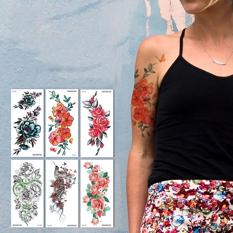 18 estilos diferentes moda floral braço tatuagem adesivos à prova dwaterproof água esboço temporário flor simples esterno tatuagem vara