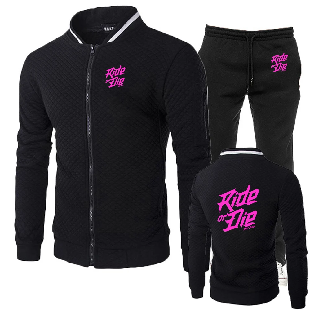 

2026 Best Seller Slim Solid Color Suits Ride or die bike Logo Print Round Neck Hoodies Leisure Sports Long Pants Suits