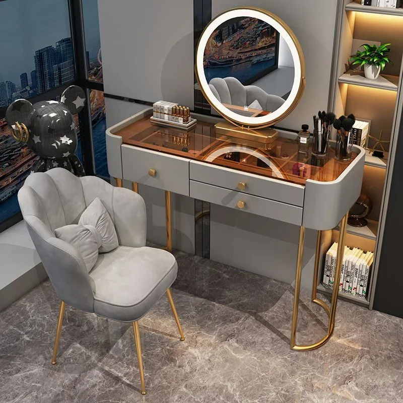 Chair Mirror Dressing Table Vanity Round Design Modern Dressing Table Woman Simple Tocador Maquillaje Con Luces Rome Furniture