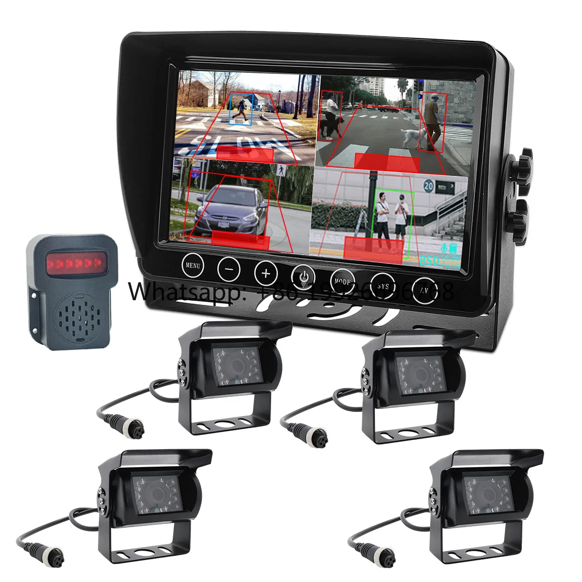 YWX BSD AI  for Truck Forklift Boat 7in IPS Screen Quad Split Monitor with 4 X1080p Rear View Front View Truck Camera System