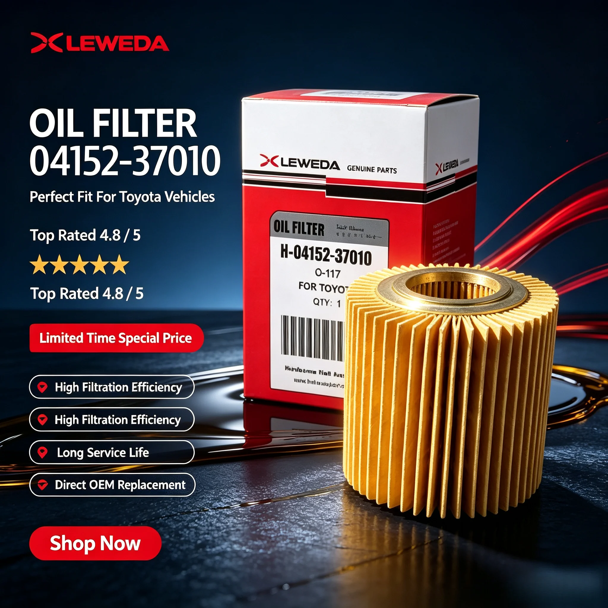 Leweda High Flow Oil Filter 04152-37010 for Toyota Corolla Prius Harrier Noah Voxy Wish Lexus Replaces 04152YZZA6 0415237010