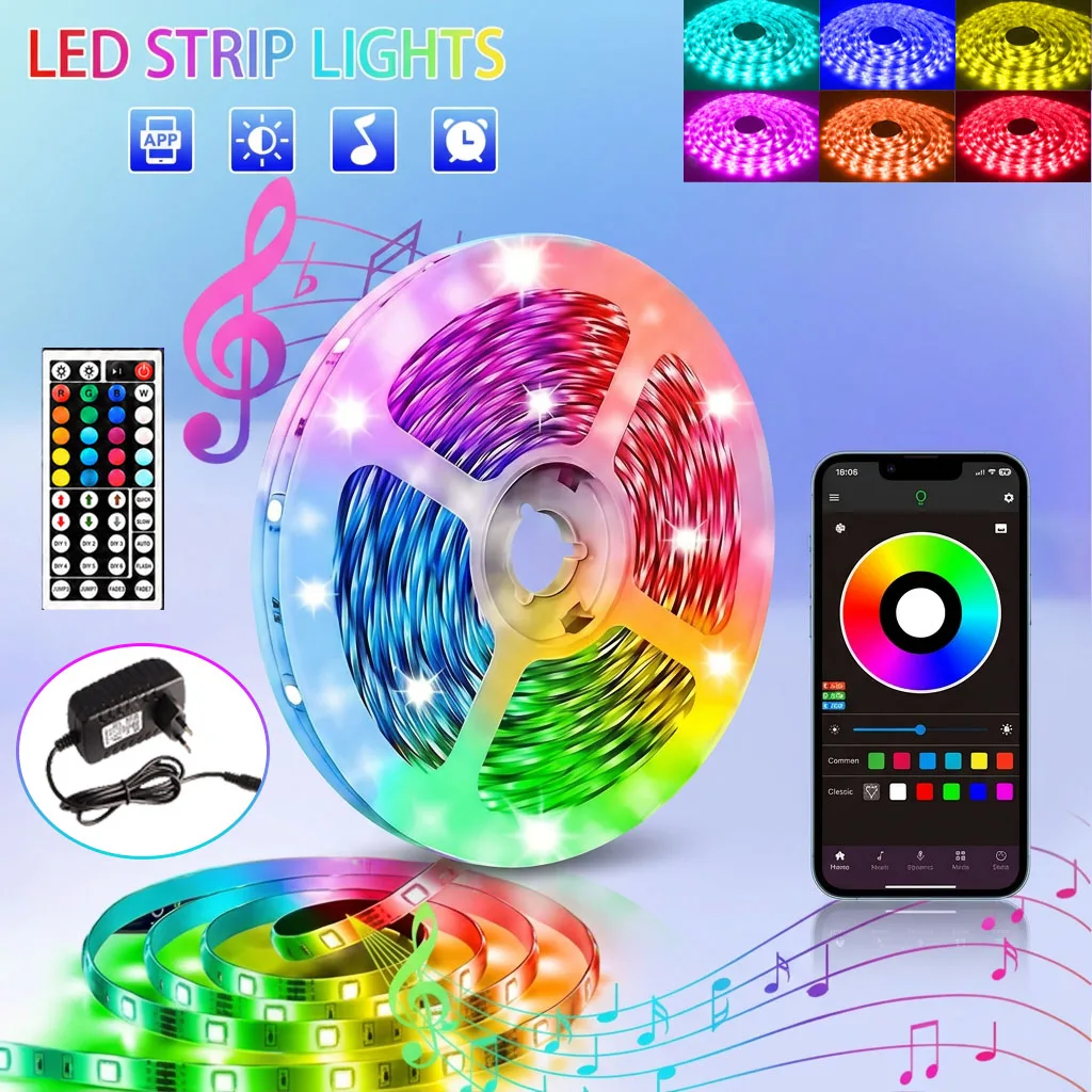 3535 LED-Lichtstreifen – 5 m/10 m/15 m/20 m, intelligente Bluetooth-App-Steuerung, Musik-Synchronisations-Lichtstreifen, RGB-Farbwechselstreifen mit 44-Tasten-Fernbedienung, Weihnachtsbeleuchtung, für