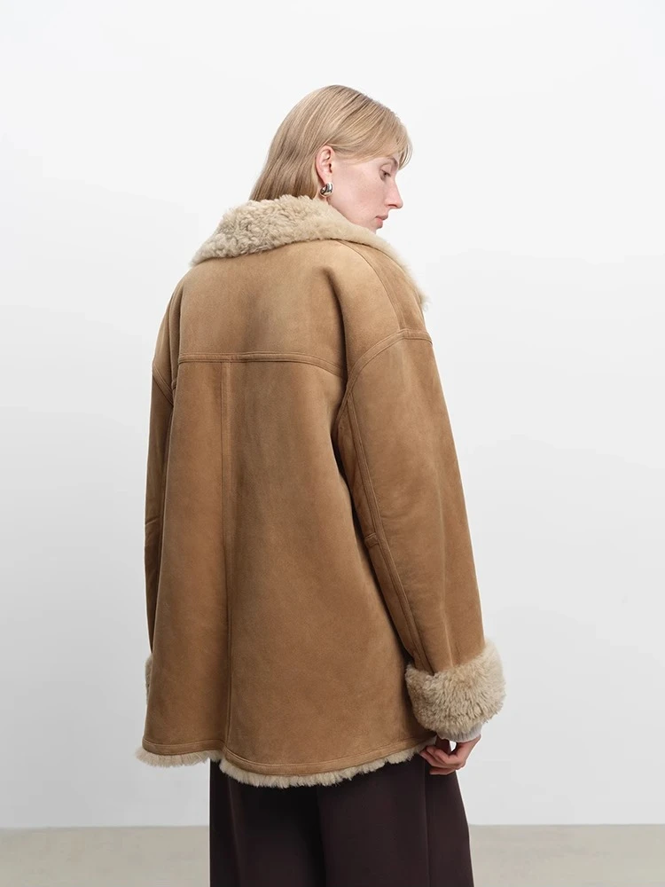 High-end Luxury Merino Sheep Fur Winter Suede Jackets Women Simple Double-sided Wear Design Genuine Leather Real Lamb Fur Coat