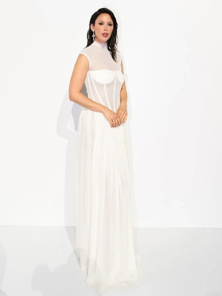 Nuovo abito lungo sexy a trapezio in rete senza maniche con collo alto da donna bianco trasparente pieghe abiti slim eleganti abiti da festa di nozze
