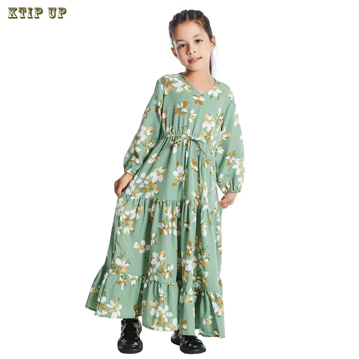 Ramadan Fashion Muslim Children Abaya Print Girl Maxi Dress Long Robe Gowns Kimono Cute Jubah Middle East Arab Islamic Clothing