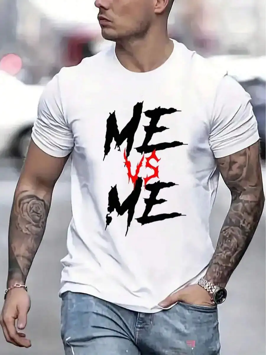

Mens Cotton T-Shirt With Me Vs Me Graphic Print, Loose Fit, Round Neck, Short Sleeve, Casual Streetwear