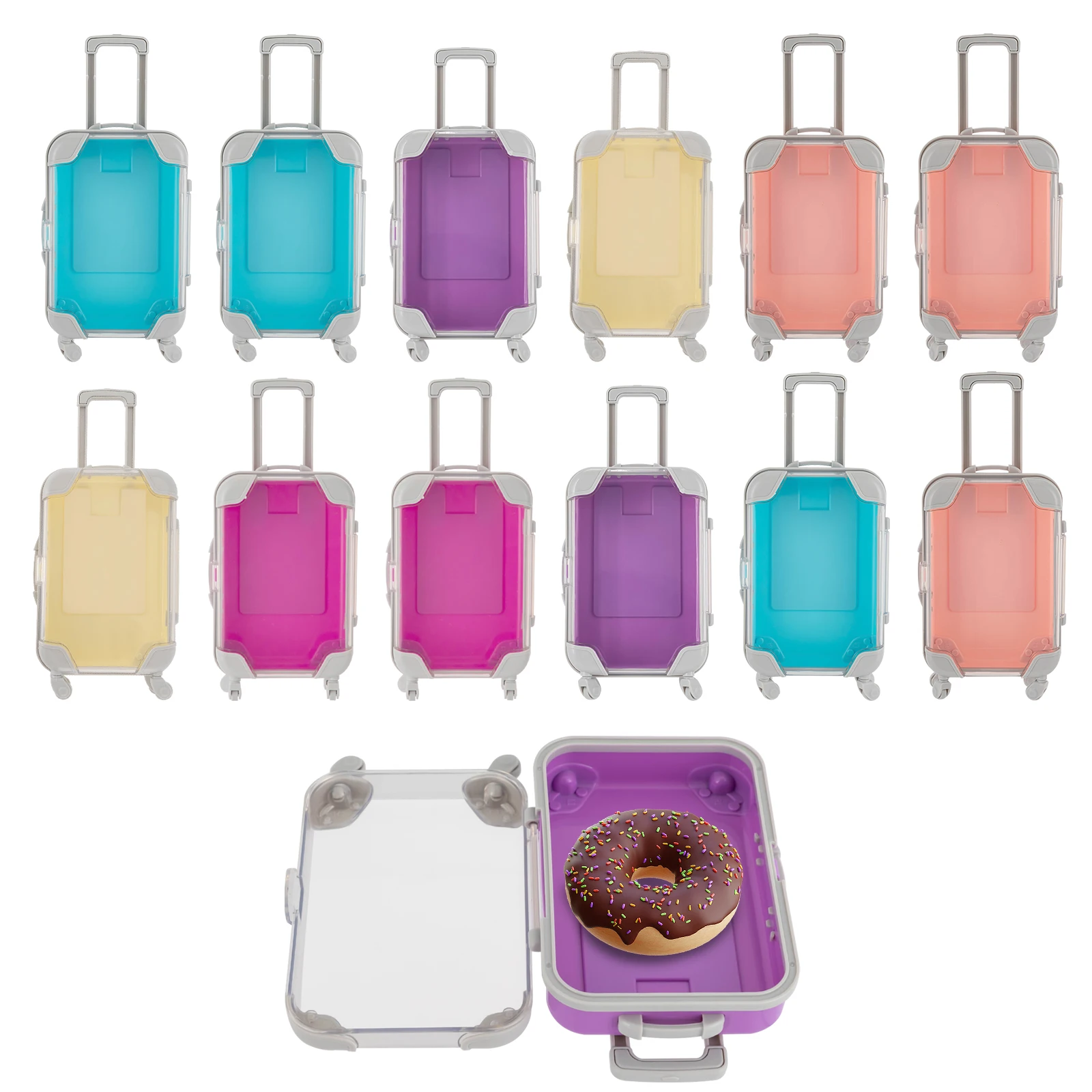 12Pcs Mini Suitcase,Dolls Simulation Trolley Case,Tiny Travel Jewelry Candy Box with Wheels, Plastic Suitcase Gift Box