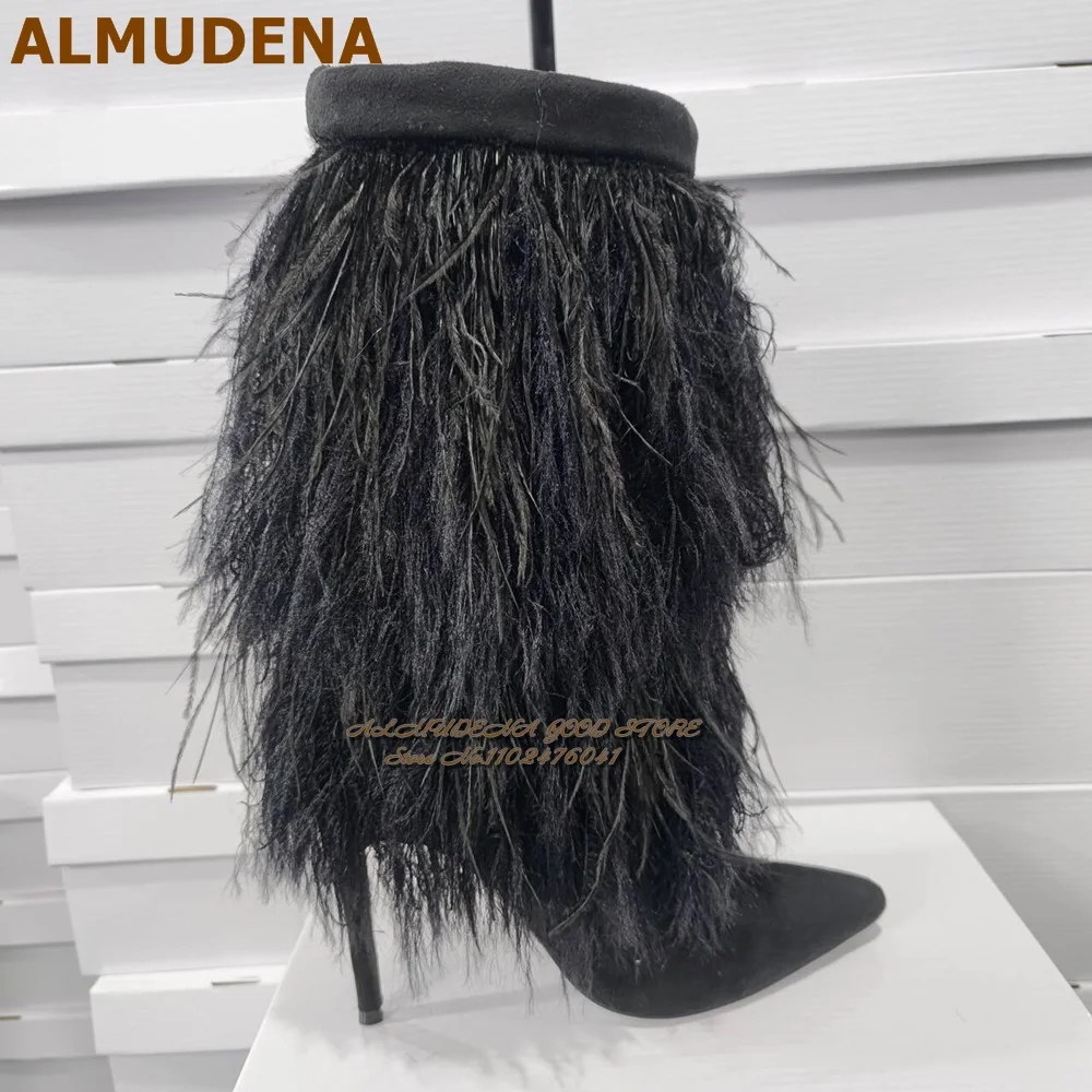 ALMUDENA Black Feather Fluffy Mid-Calf Warm Boots Thin High Heel Suede Pointed Toe Middle Boots Furry Real Photo Shoes Plush