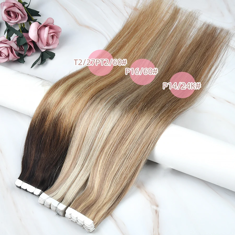 AW 12 \'\'-24\'\' bant içinde insan saçı postiş doğal postişler dikişsiz cilt atkı makinesi Remy Balayage yapışkan bant Ins