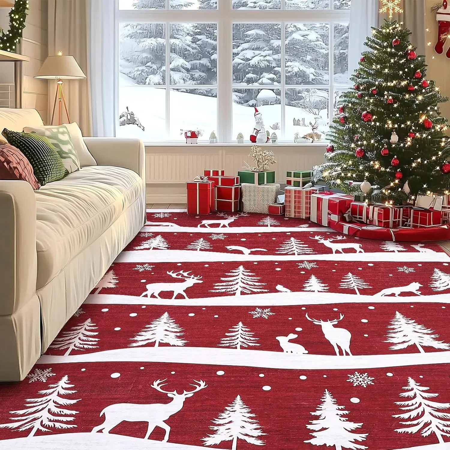 Garvee 9X12/8X10FT Area Rugs Christmas Rugs with Xmas Tree Reindeer Snowflake Non Slip Low Pile Washable Carpert Living Room Bedroom Decoration Holiday Home Decoration
