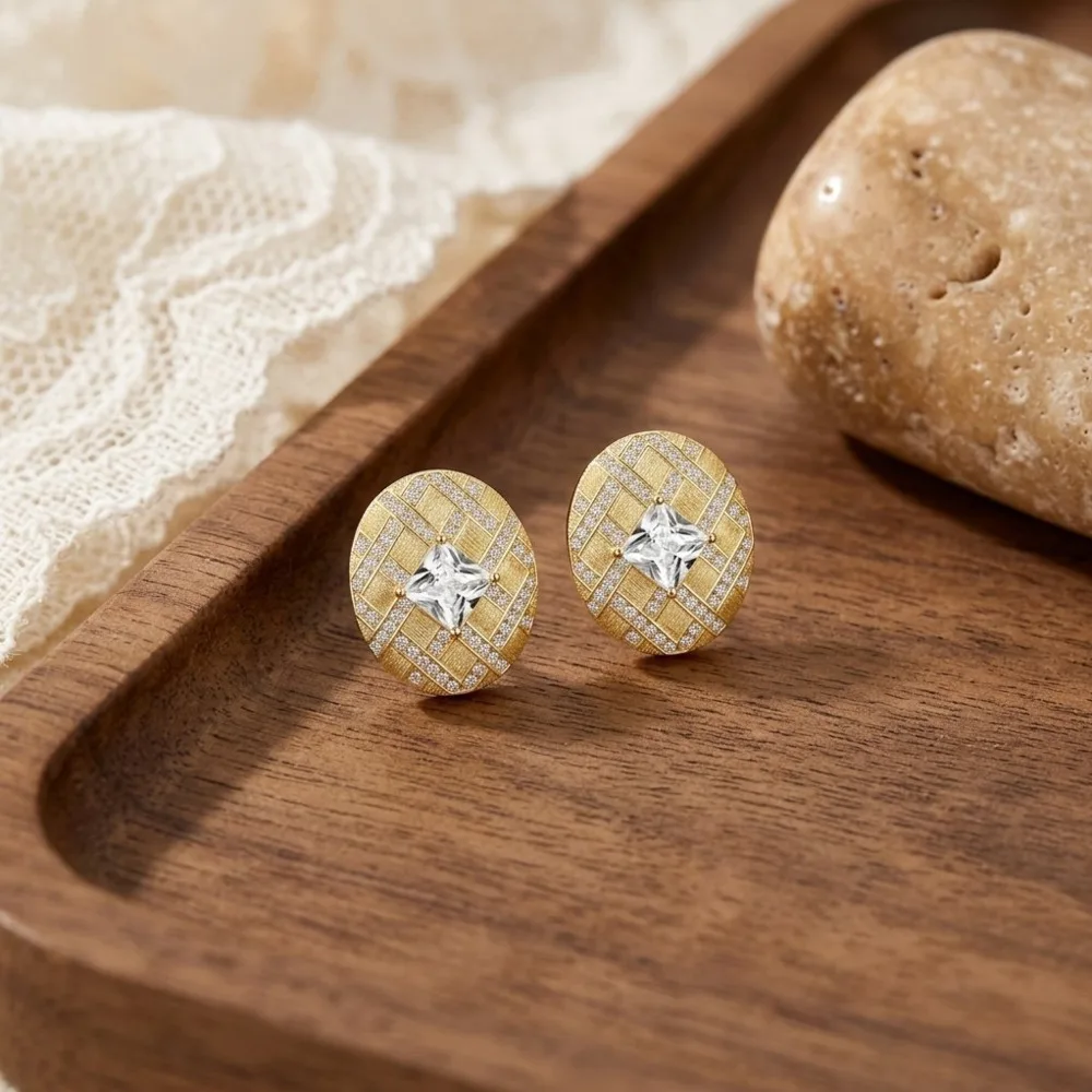 925 Sterling Silver Oval Textured Princess Cut D VVS1 Moissanite Stud Earrings Vintage Woven Pattern Fine Jewelry For Women