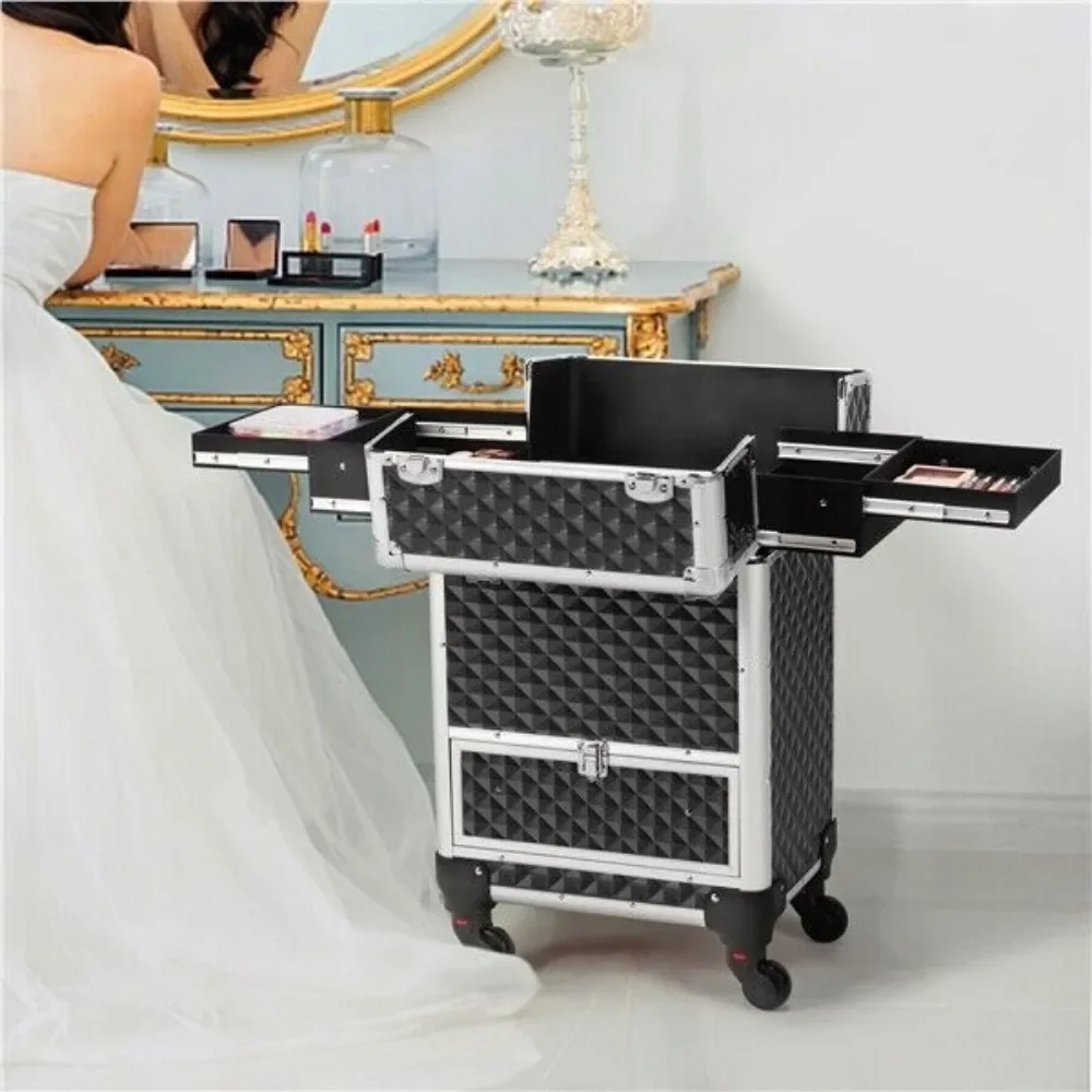 

Rolling Makeup Train Case Aluminum Cosmetic Case Trolley with Drawer Lock Black