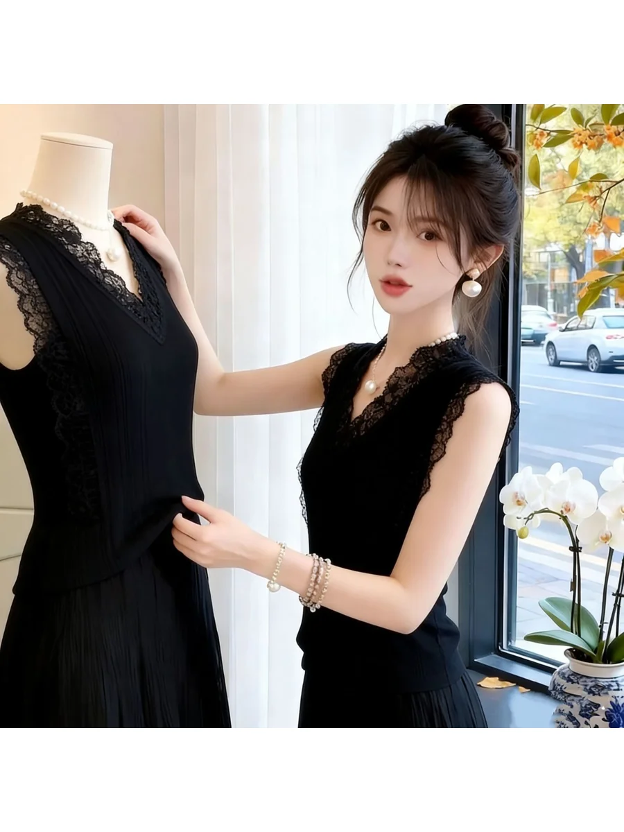 New Lace Trim No-Sleeve Thin Base Tank Top Women's Spring Summer Elastic Outerwear Cleanfit Style Short Length RPET Fabric