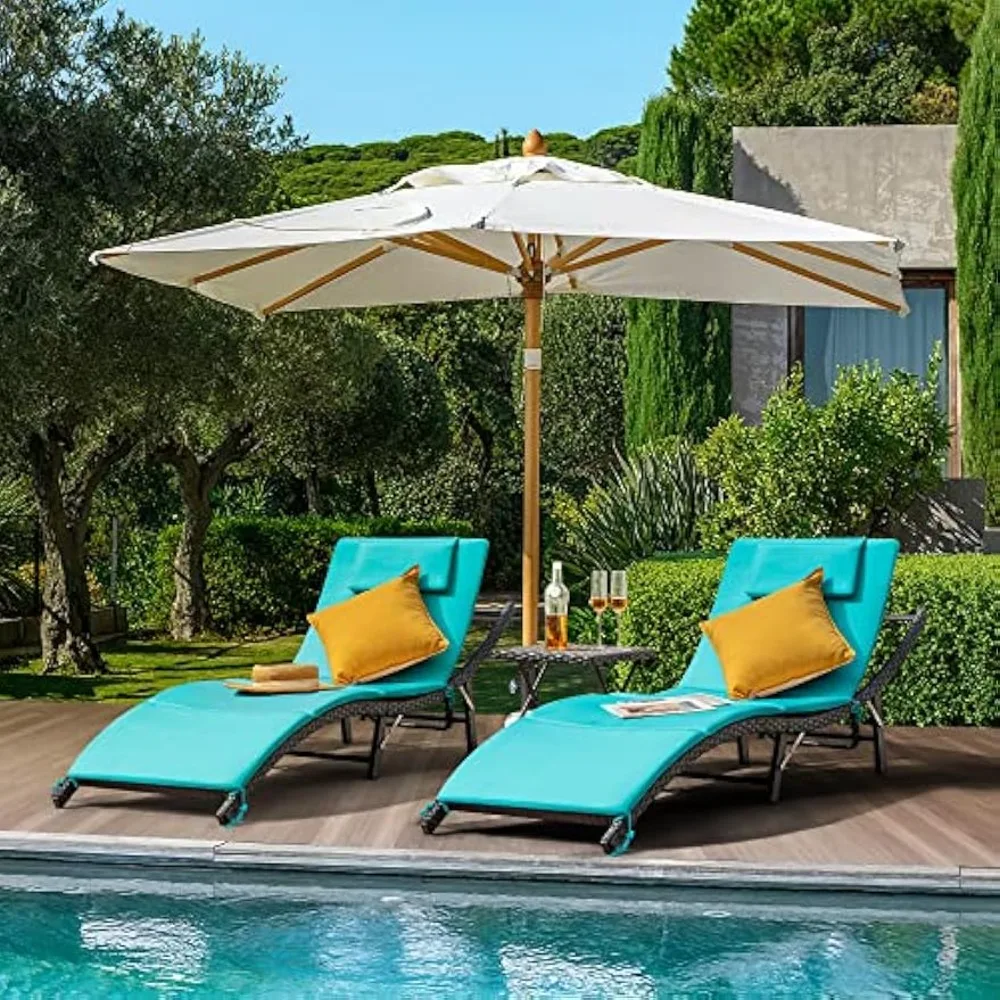 Outdoor Lounge Chairs Set 3 Pieces Adjustable Chaise Lounge with Folding Table and Cushion for Garden, Poolside, Beach