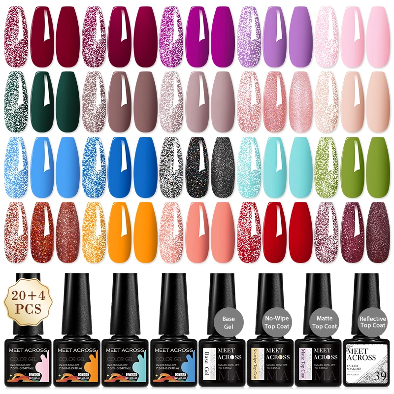 24 Pz/set Colorato Gel Smalto Per Unghie Con Riflettente Glitter Top Coat Gel Base Semipermanente Vernice UV Gel Nail Art Kit Manicure