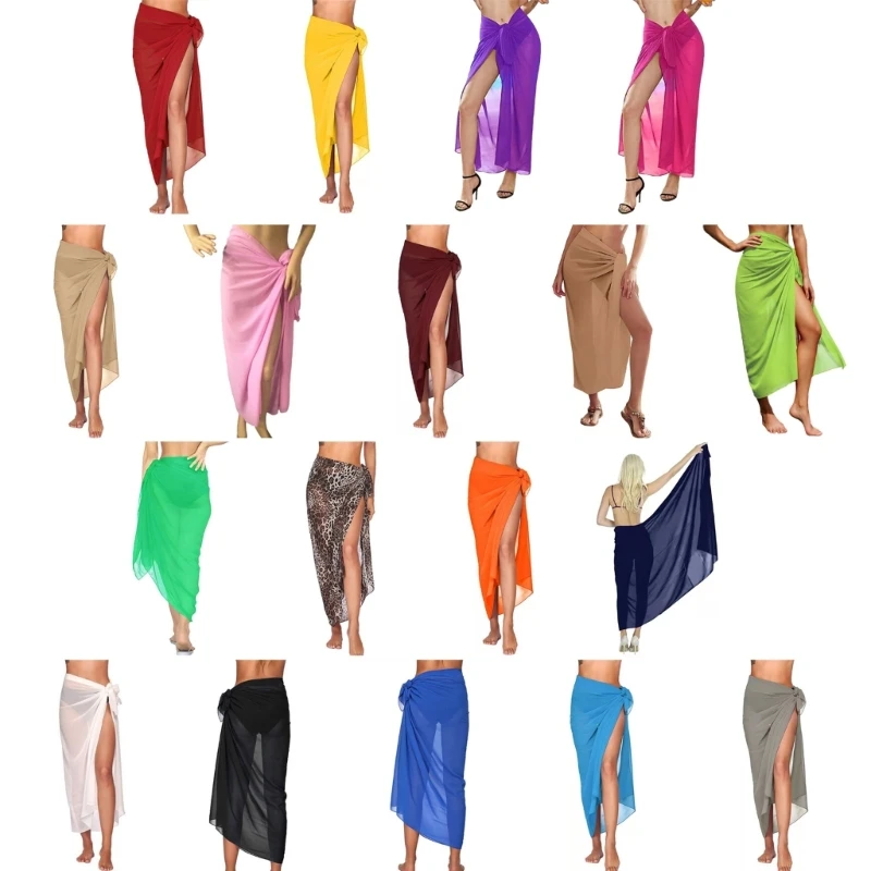 2024 New Beach-Sarong-Pareo for Womens Chiffon-Semi-Sheer Swimsuit Cover-Ups Side Tie Long Wrap Skirt for Swimwear Bathing Suit