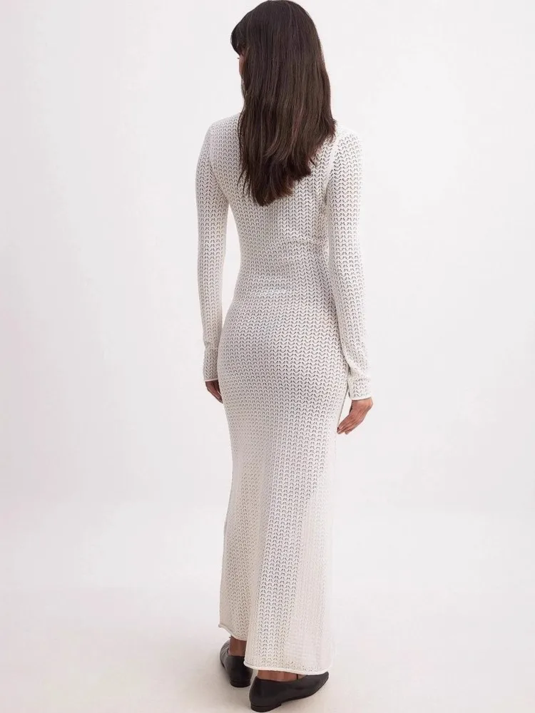 المرأة مثير الأبيض متماسكة ملابس السباحة التستر العميق الخامس الرقبة التعادل الجوف خارج كم طويل شاطئ فستان ماكسي 2026 الصيف عطلة الزي #2