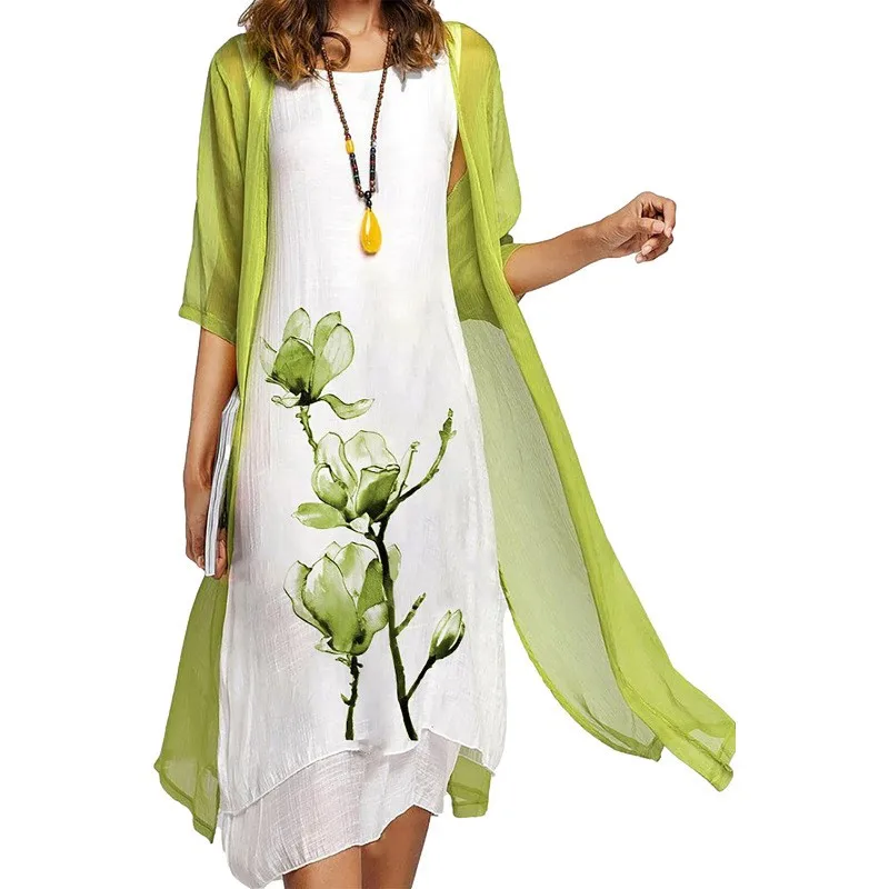

Summer Women's Clothing Slim Fit Round Neck Printed Long Sleeve High Waist Two Piece Dress Set For Woman Polyester Bodycon