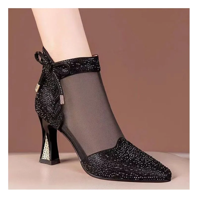 

Summer new rhinestone high-heeled shoes mesh sandal boots pointed high heels fashion net boots package head hollow sandals