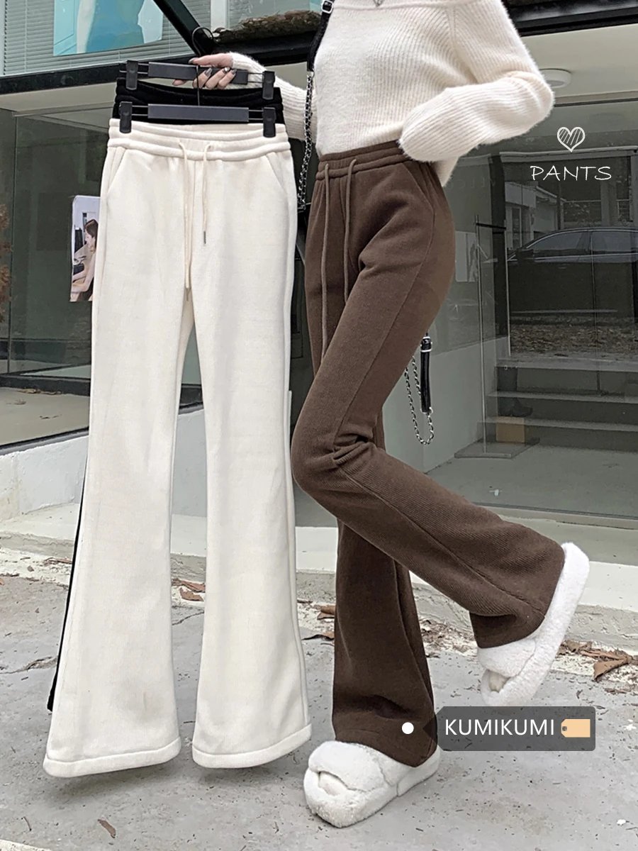 Kumikumi New Elastic Waist Drawstring Bootleg Pants Women clothes Autumn and Winter Slim fit Thick Warm Casual Pants Trousers