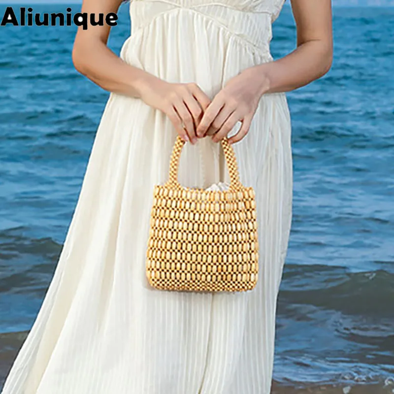 Casual Handmade Woven Clutch Purses For Women Exquisite Design Hollow-out Wooden Bead Small Handbag With A Removable Inner Bag