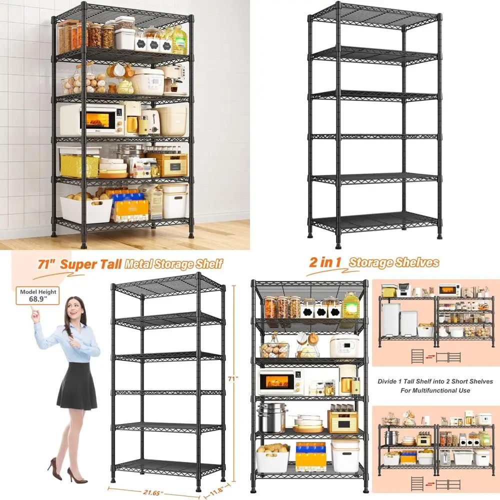 

6-ярусные металлические стеллажи для хранения, 71H x 21.65W x 11.8D, регулируемые проволочные полки для дома, кухни, кладовой, гаража, коммерческого использования