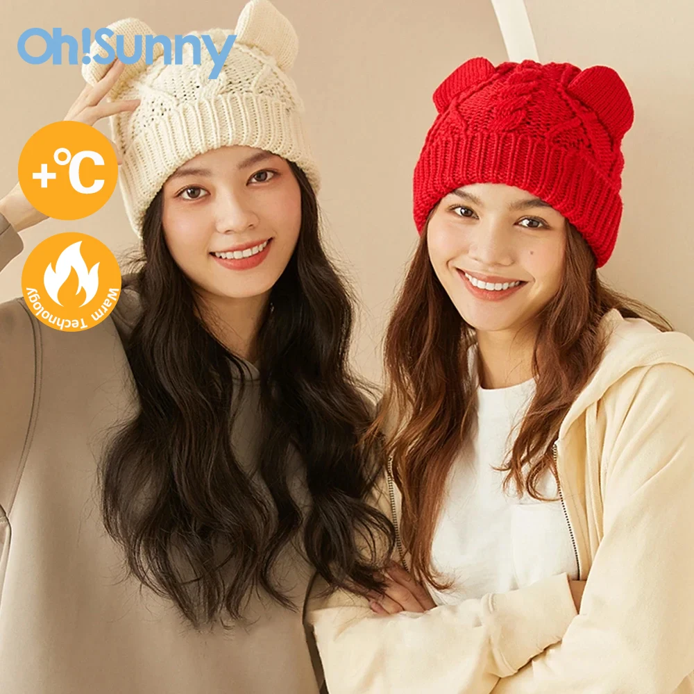 

【US Stock】Ohsunny Women Winter Wool Knitted Beanies Solid Cute Bear Ears Cashmere Knit Bonnet Autumn Warm Skullies Cycling Cap