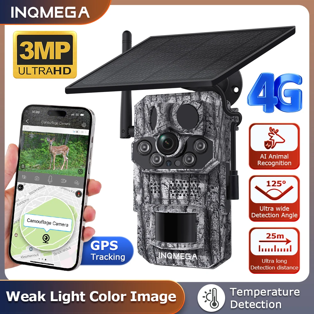 

INQMEGA 4G SIM Card Solar Wildlife Camera 3 PIR Motion Activated Trigger Night Vision Trail Trap Hunting Camera 2K GPS IP66