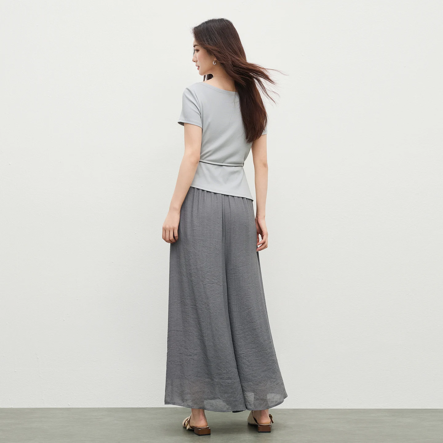 SENTUBILA Elegant Office Outfit Off Shoulder Slim Split Hem T-shirt Loose Textured Wide Leg Pant 2 Piece Set for Women 162ZL6842