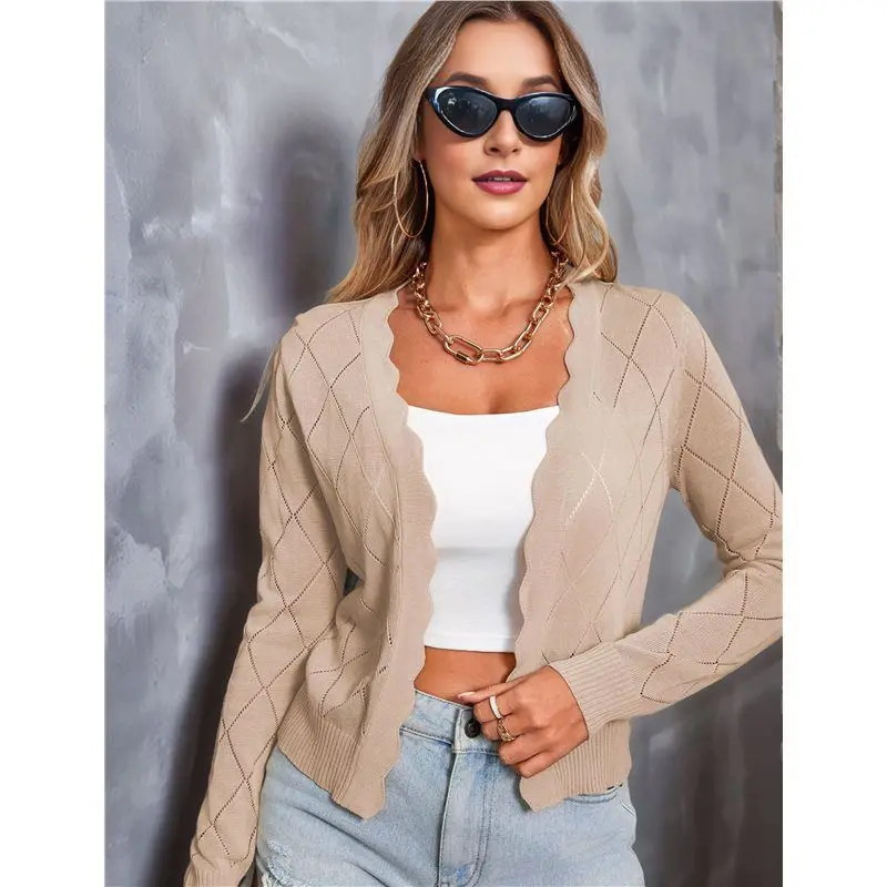 CYL-Women's Long Sleeve Cropped Cardigan Sweaters Open Front Hollow Out Shrugs