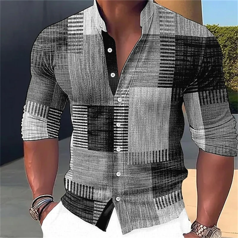 Camisa de manga comprida estampada geométrica para homens, gola em pé, streetwear ao ar livre, roupas casuais, moda, street designer, 2022