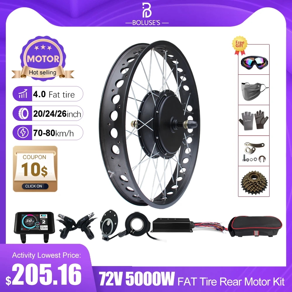 72V 5000W Snow Electric Fat Bike Motor Kit 4.0 pneumatico 20/24/26 pollici Brushless Non-gear mozzo posteriore Kit ruota motore Dropout 170mm