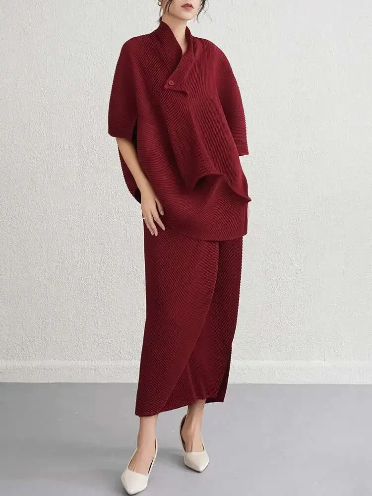 

Miyake 2025 Summer New Elegant Ladies Party Suit Pleated Two Piece Women's Semi Batwing Sleeve Irregular T Shirt + A-Line Skirt