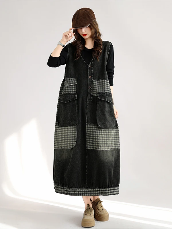Casual Loose plus Size Patchwork Black White Plaid Denim Women's Skirt Short Sleeve V-Neck Spring Autumn Season Ladies Dress