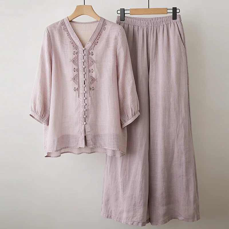 

plus Size Women's Cotton Linen Embroidered Top Wide Leg Pants Two Piece Set Spring Summer New Style Comfortable Fashionable
