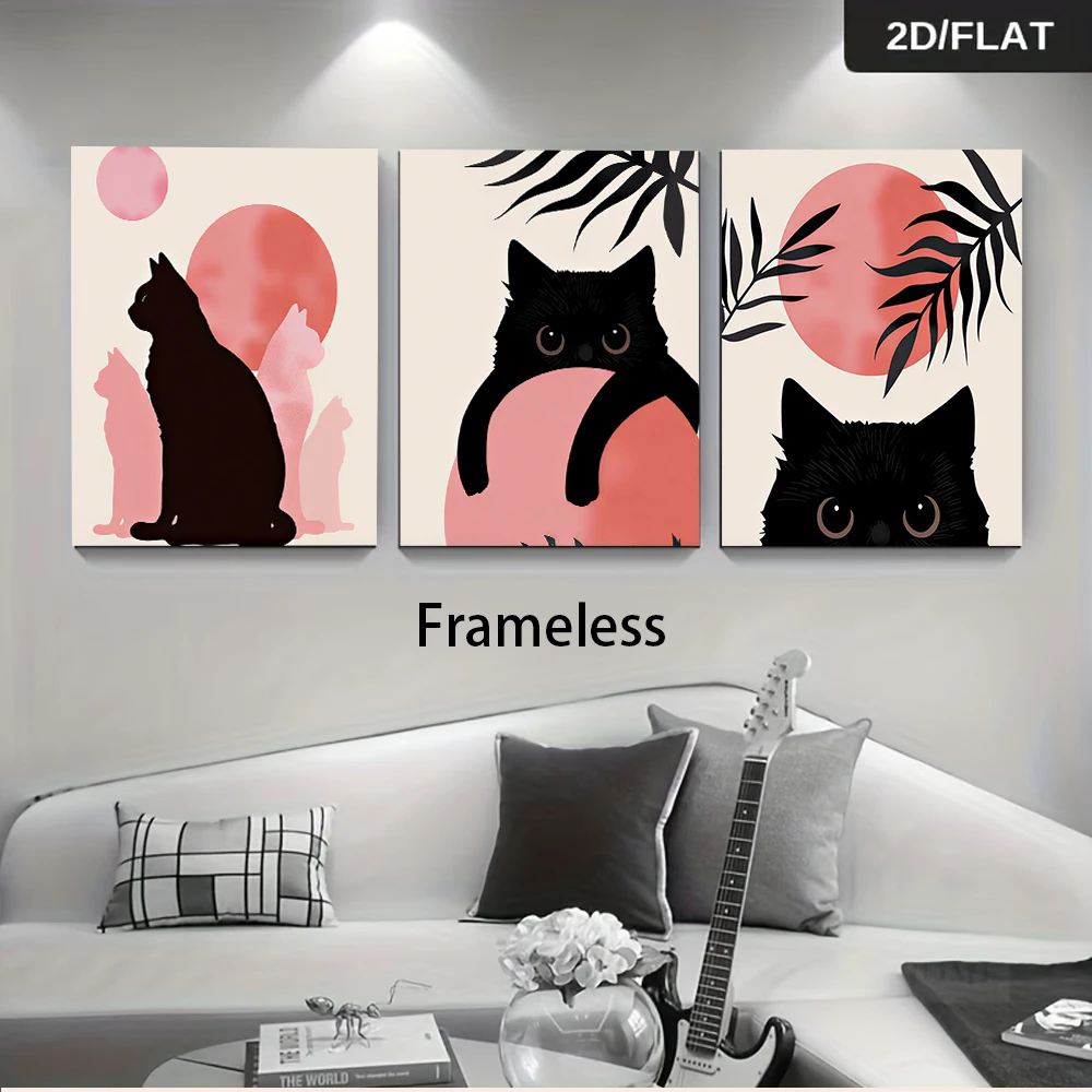 1 set of modern minimalist three-panel frameless paintings, featuring a cute black cat, moon, and plant pattern; 2D flat design.