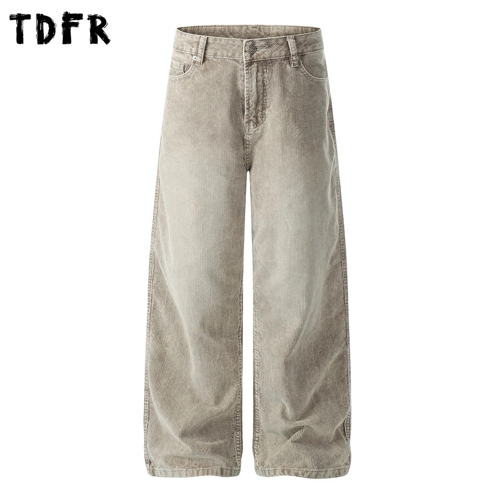 

Retro Corduroy Pants Mens Pocket Washed Distressed Spring Casual Baggy Straight Wide Leg Trousers Man