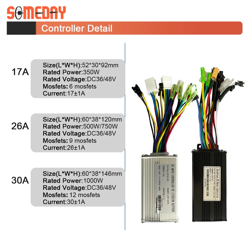 SOMEDAY Electric Bicycle 36V/48V 17A 26A 30A 3 Model Sinewave Controller S866 S900 GD01 LCD Display For 350W500W750W1000W Ebike